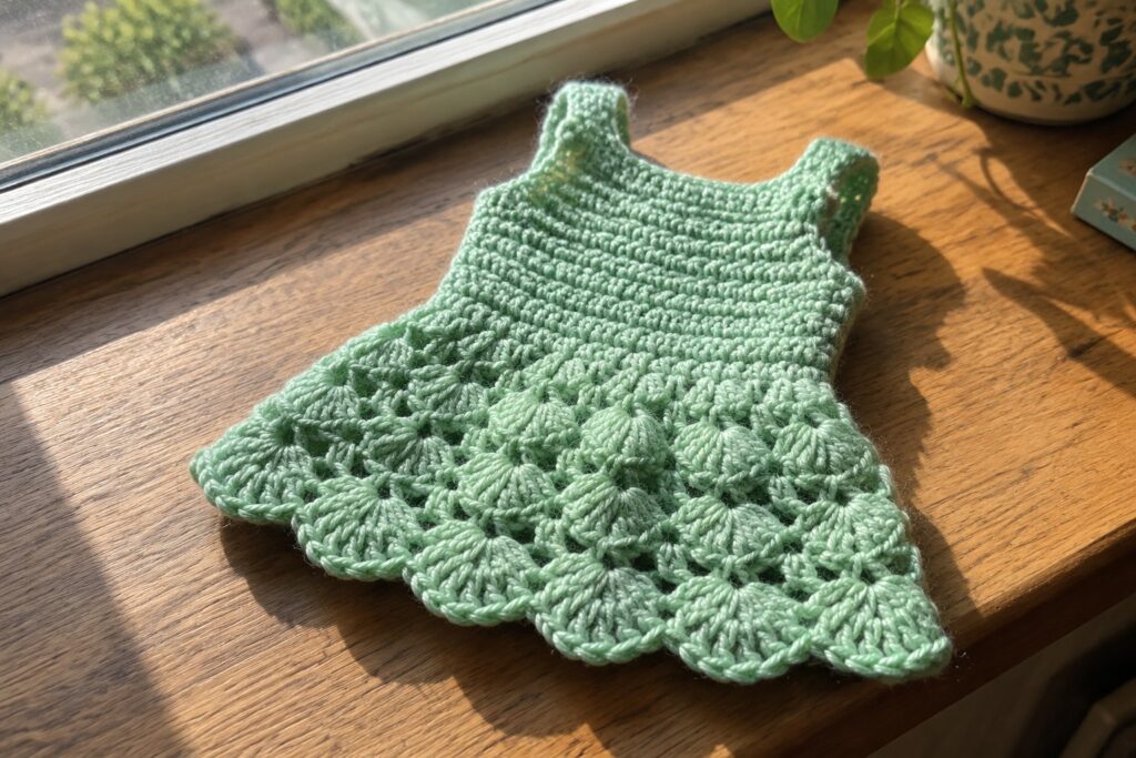 18 Mini Crochet Dresses With Statement Stitchwork Light green crocheted dress with scalloped lace hem on sunlit wooden windowsill.