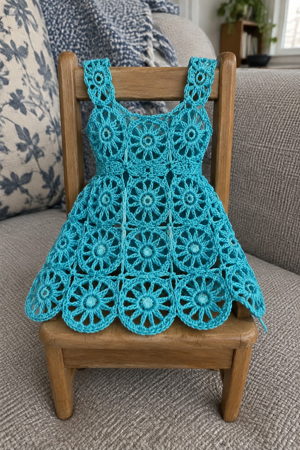 Turquoise crocheted lace dress with floral motifs on small wooden chair