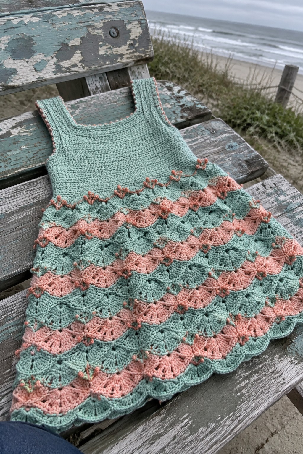 Mint green and coral crocheted dress on weathered bench by the ocean