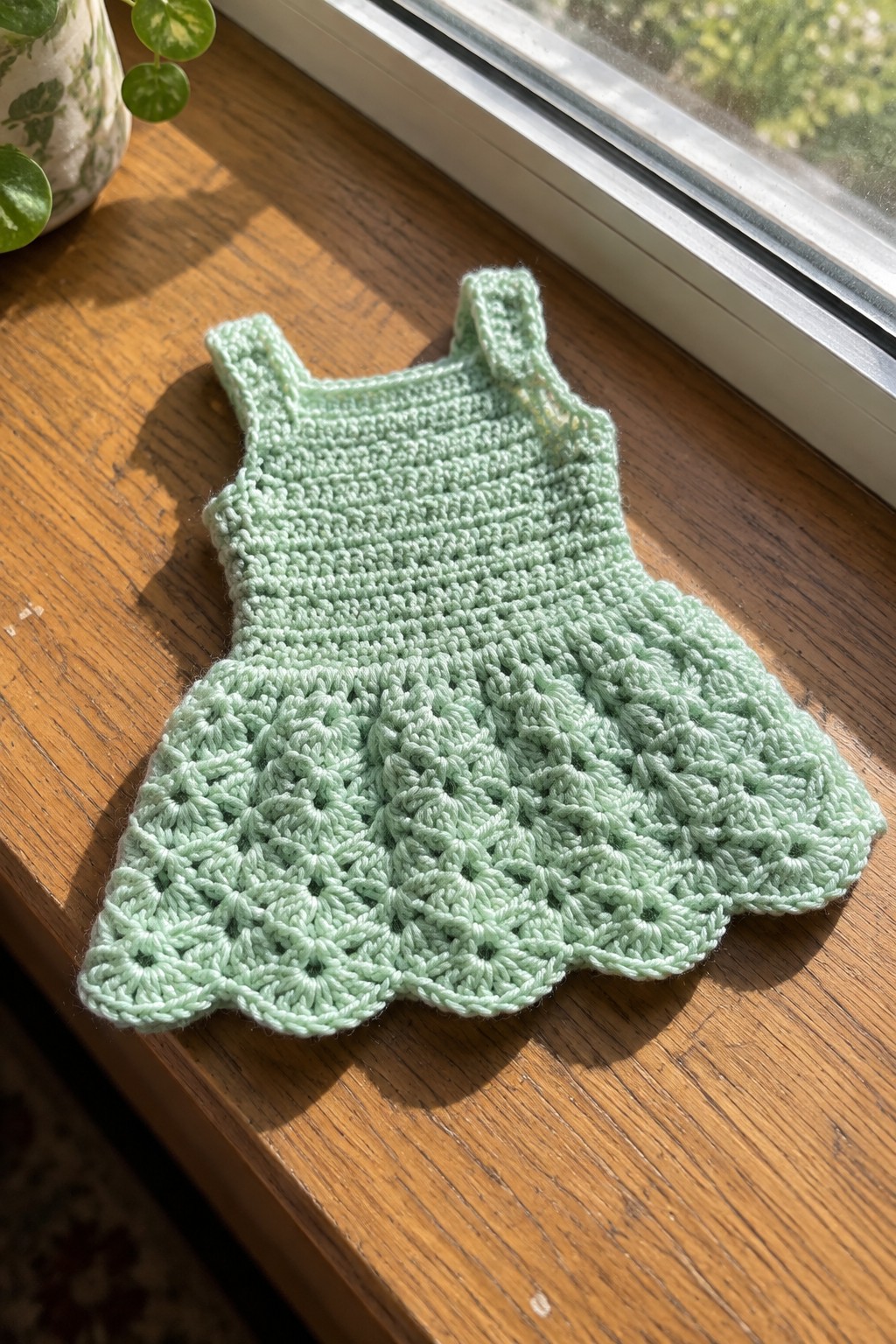 Light green crocheted dress with scalloped lace hem on sunlit wooden windowsill.