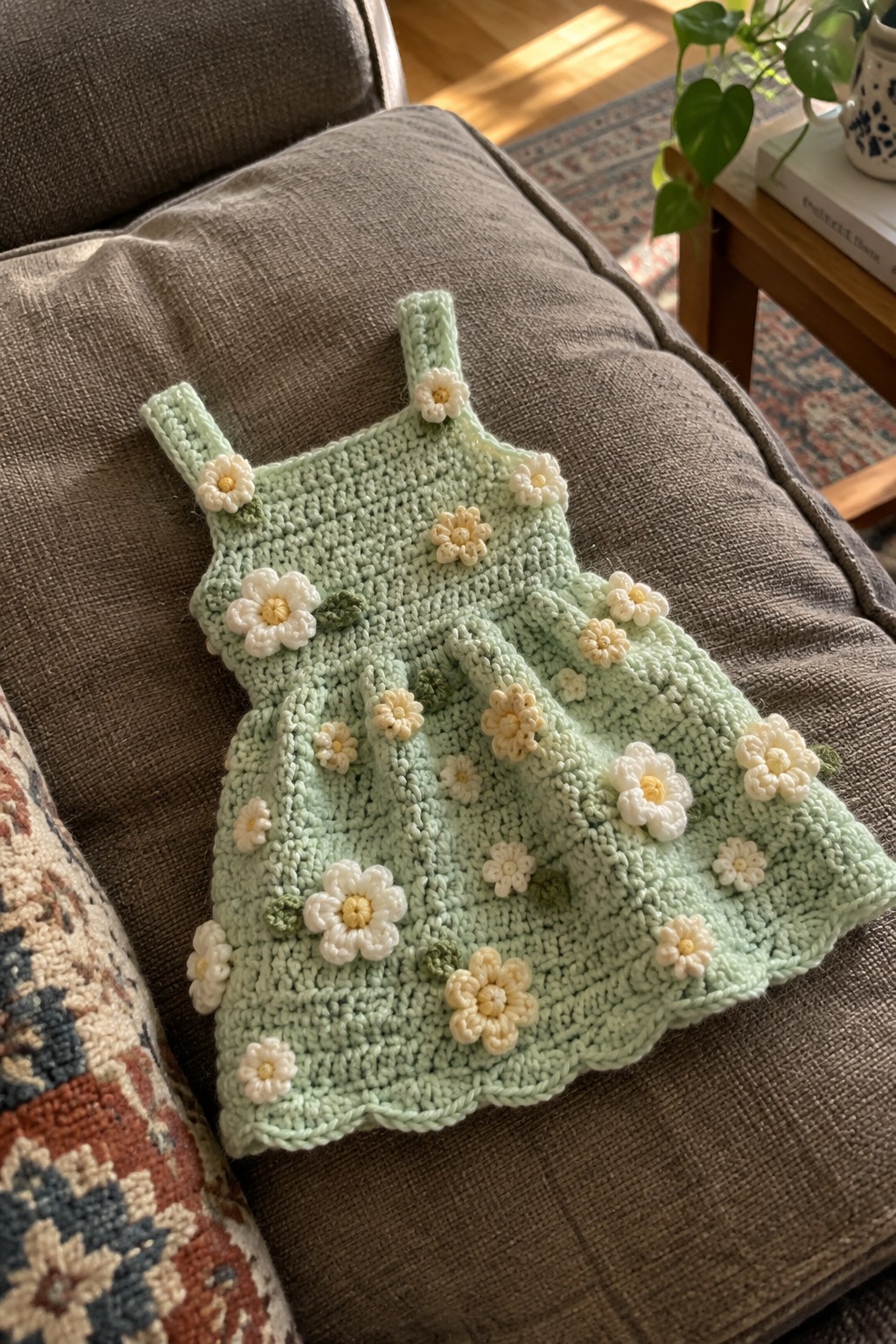 Mint green crocheted baby dress with white and yellow flowers on brown couch
