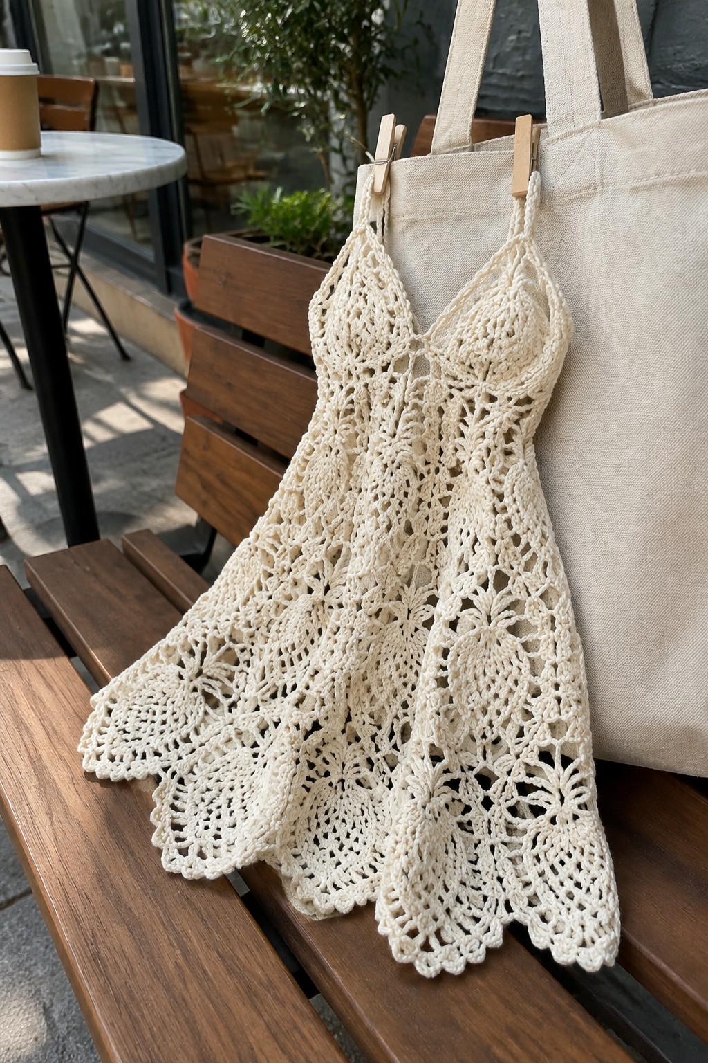 Cream crocheted lace dress clipped to canvas tote on wooden bench