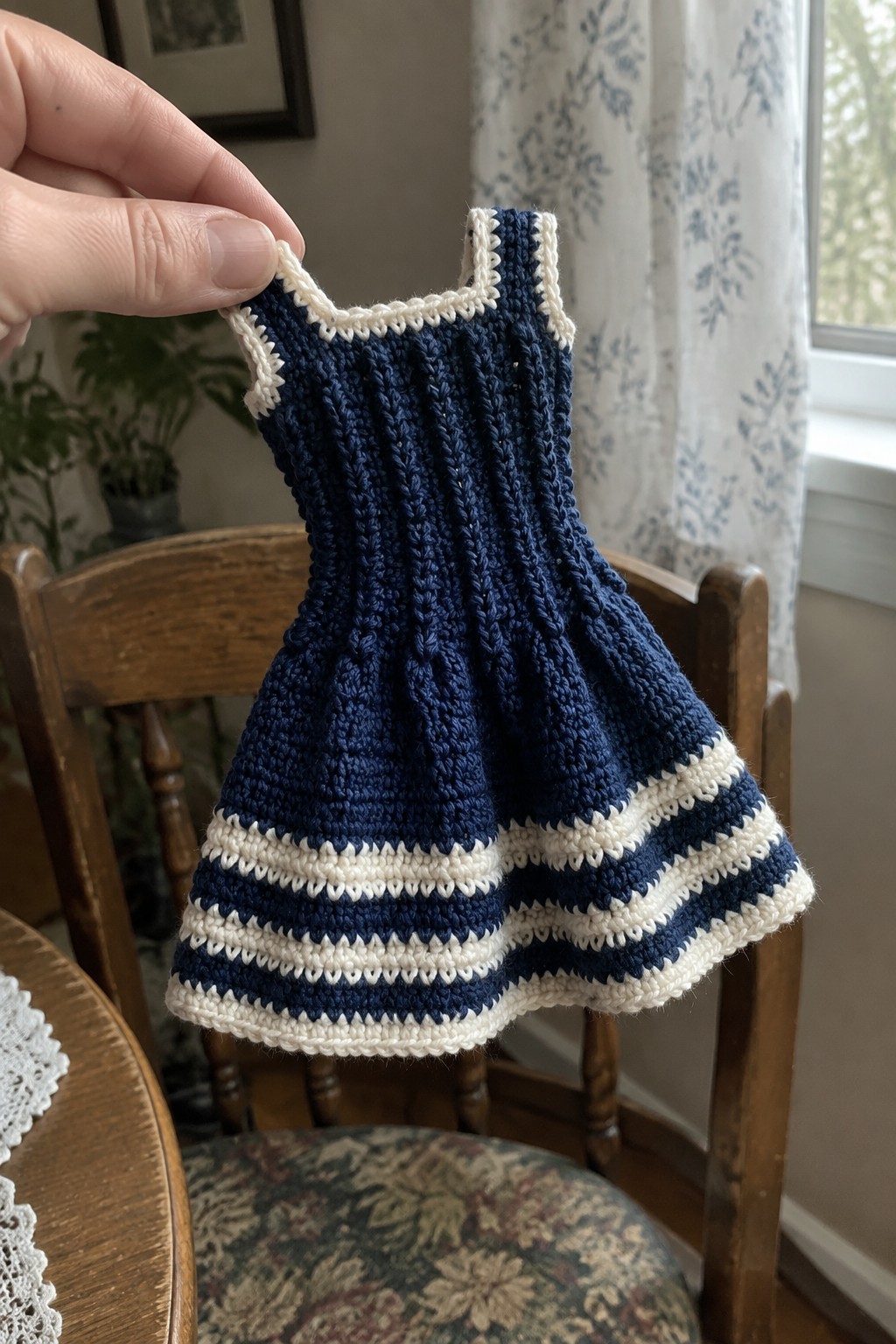 Hand holding miniature navy blue knitted dress with white trim and striped hem.