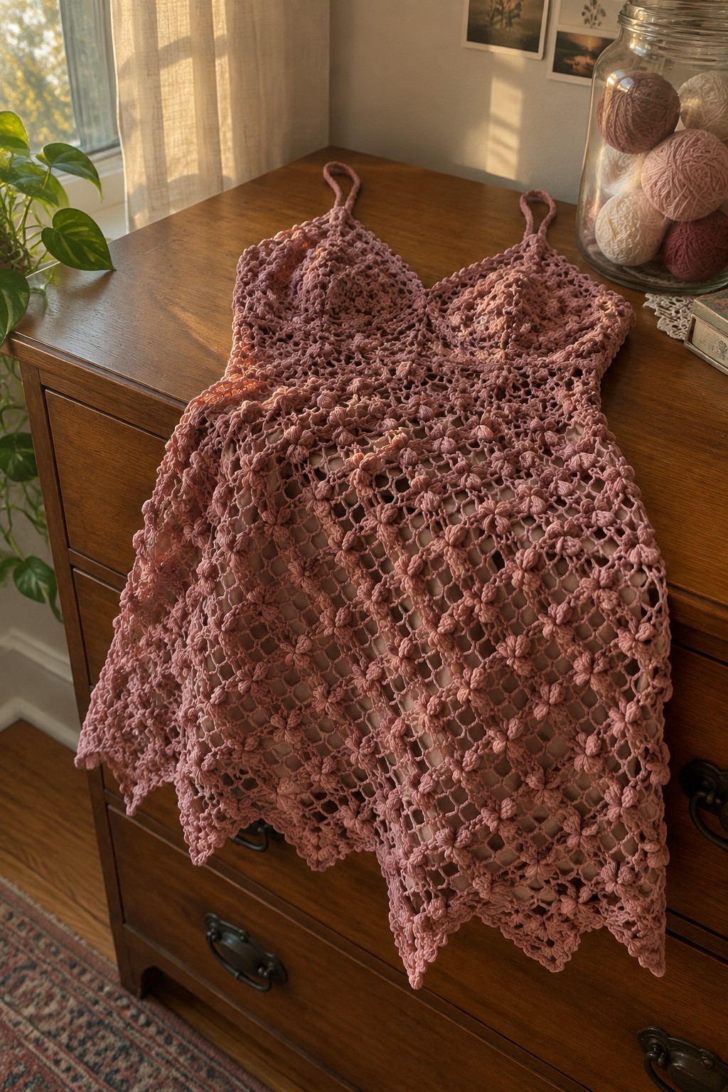 Pink crocheted lace top draped on wooden dresser beside yarn jar