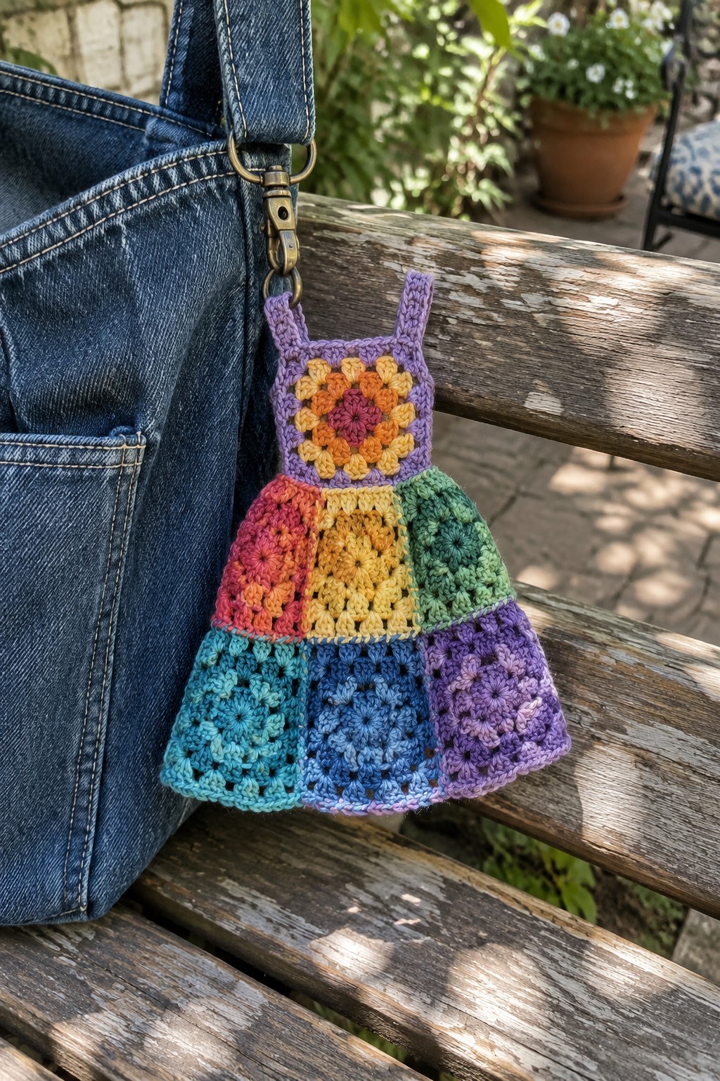 Rainbow crocheted dress keychain clipped to blue denim bag on wooden bench