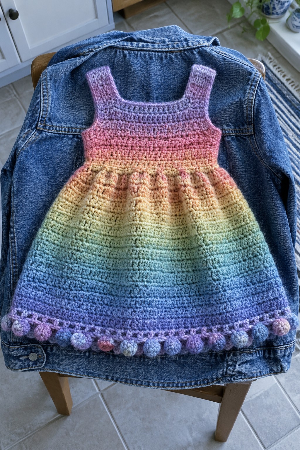 Rainbow crocheted dress with pom-pom trim on denim jacket over wooden chair
