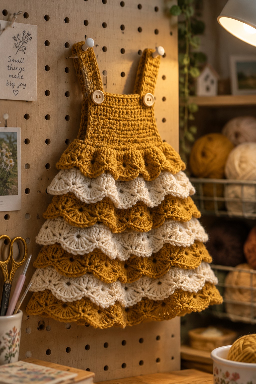 Yellow and white crocheted ruffled dress hanging on wooden pegboard in craft room.