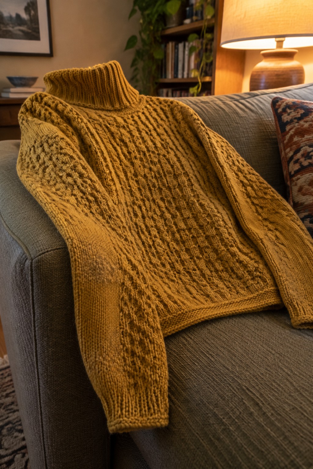 A mustard yellow turtleneck sweater with cable textures draped over a gray couch in a living room.