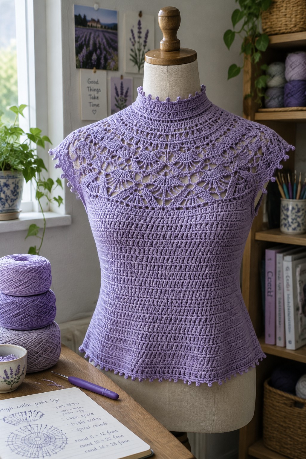 Lavender crocheted high-collar yoke top on mannequin in craft room with yarn.