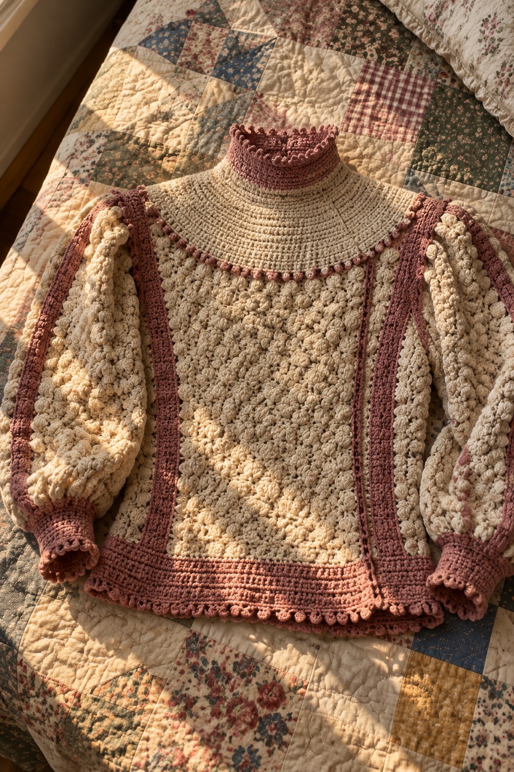 Cream crocheted turtleneck sweater with rose trim on floral patchwork quilt