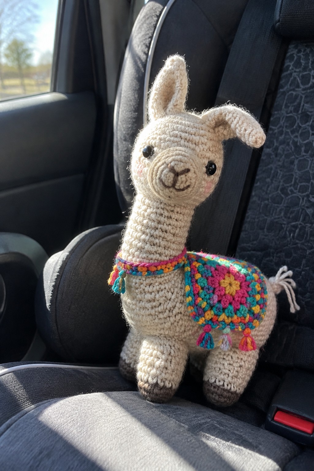 Crocheted beige llama with colorful blanket and tassels on car seat