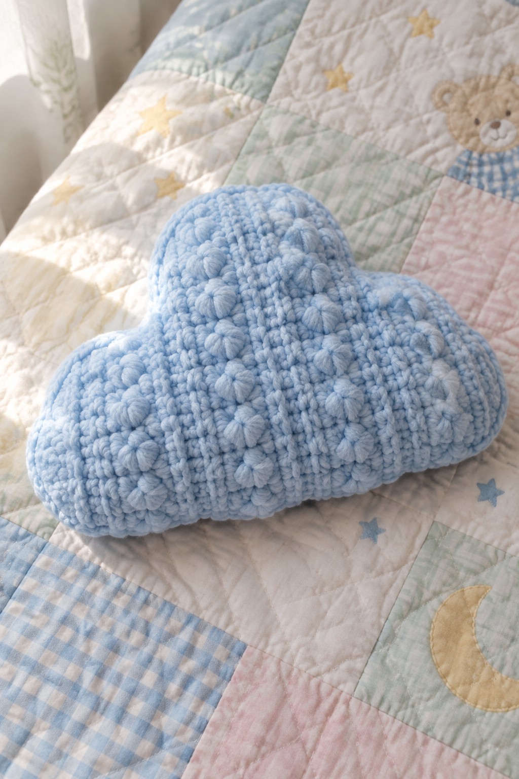 Light blue textured cloud pillow on pastel patchwork quilt with stars and teddy bear.