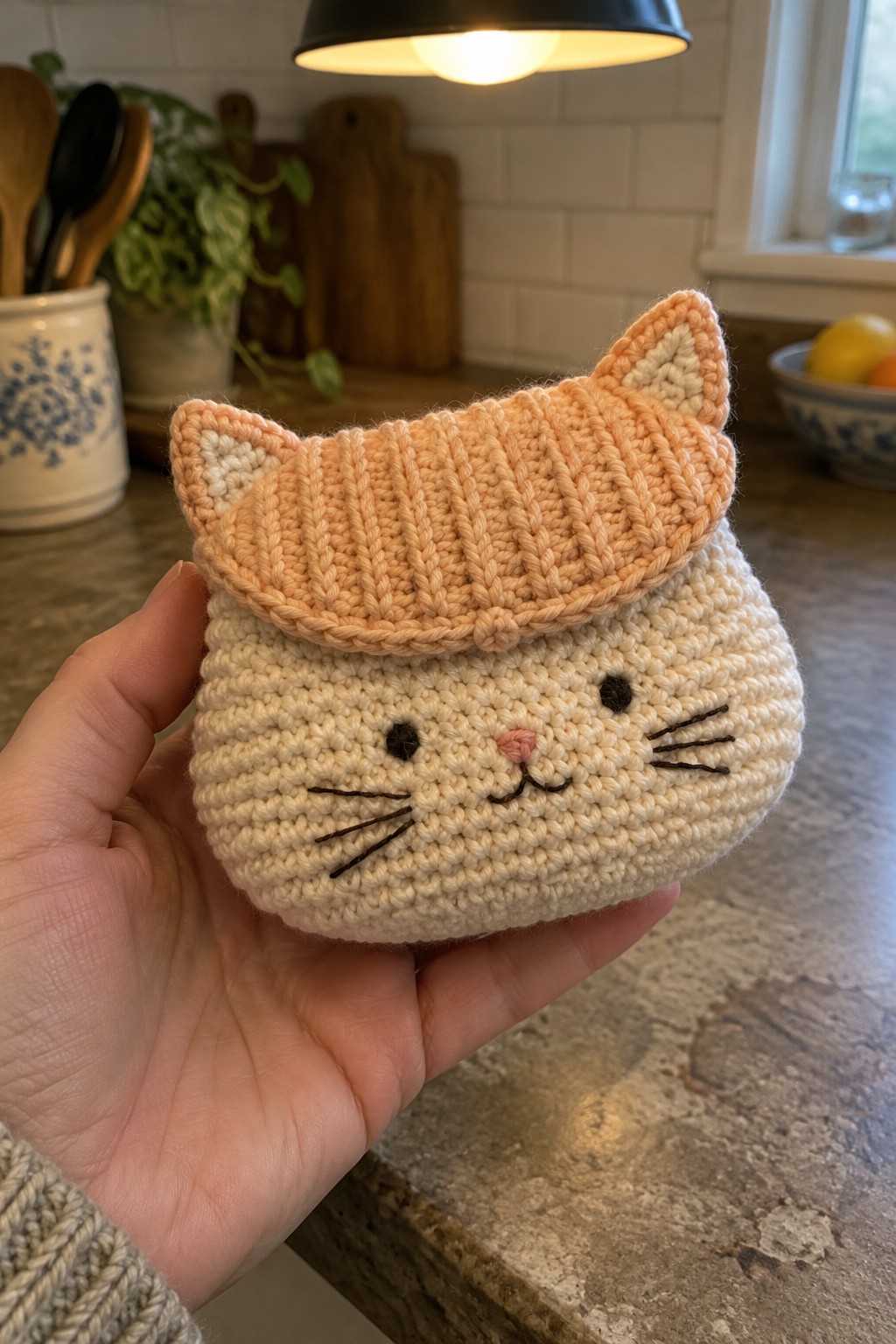 Hand holding crocheted beige cat pouch with peach ears, black eyes, and whiskers.