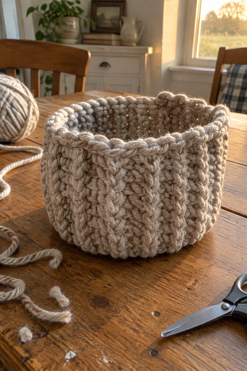Chunky beige crocheted basket on wooden table with yarn ball and scissors
