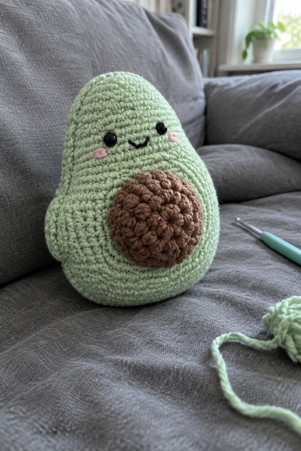 Crocheted light green avocado with smiling face on gray couch beside crochet hook