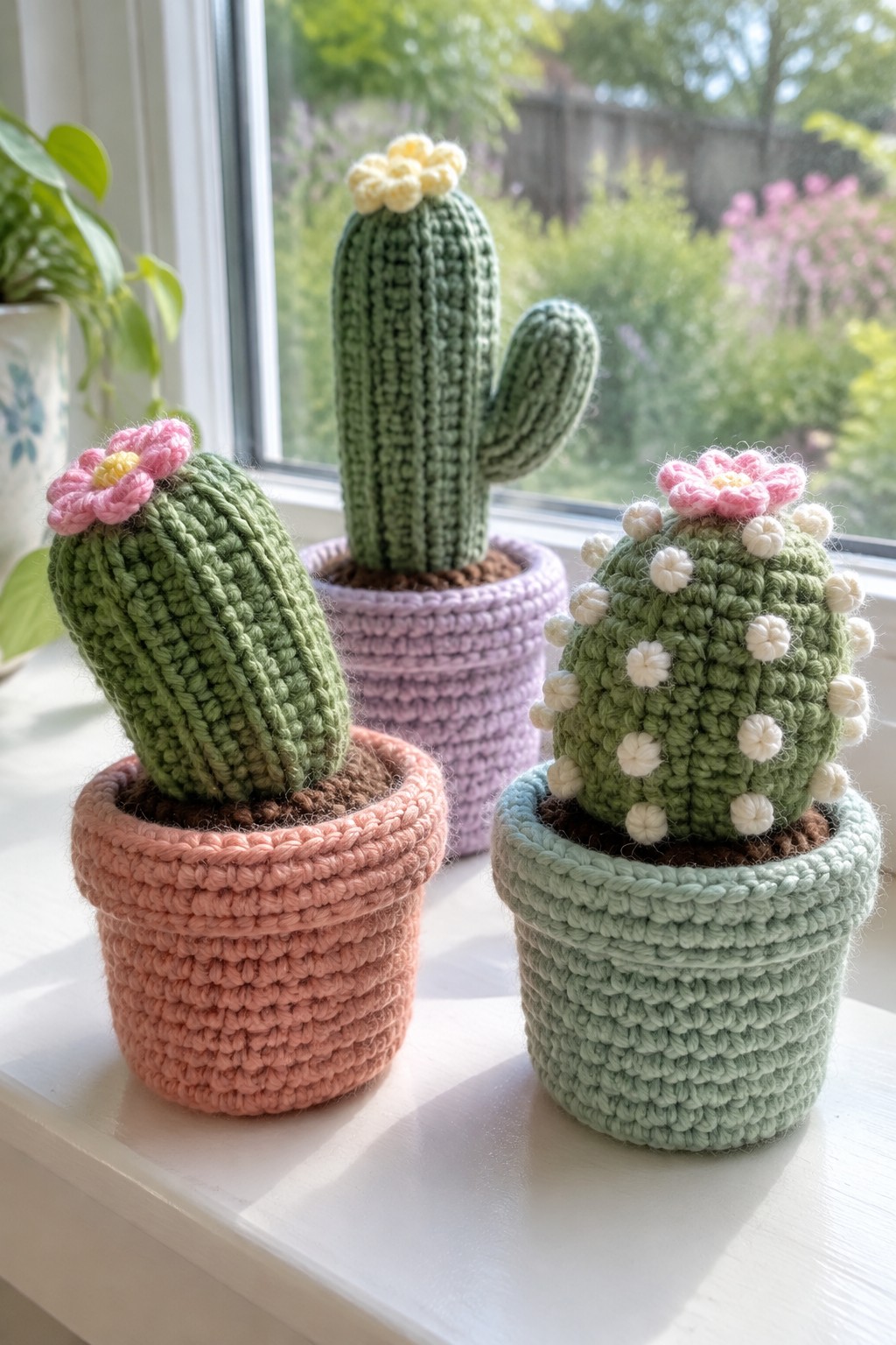 Three crocheted cacti with pink and yellow flowers in pastel pots on windowsill