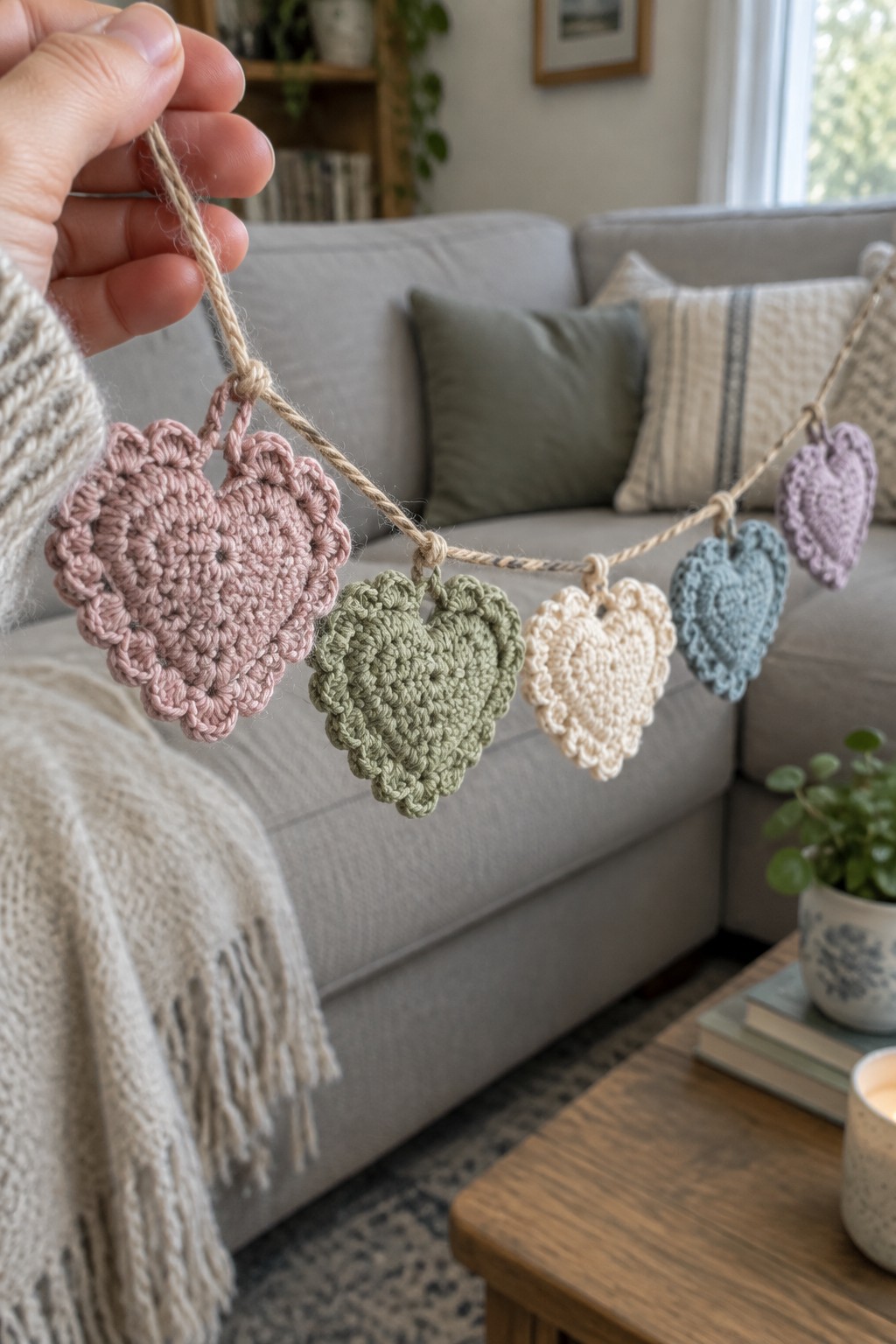 Hand holding pastel crocheted heart garland before gray living room sofa