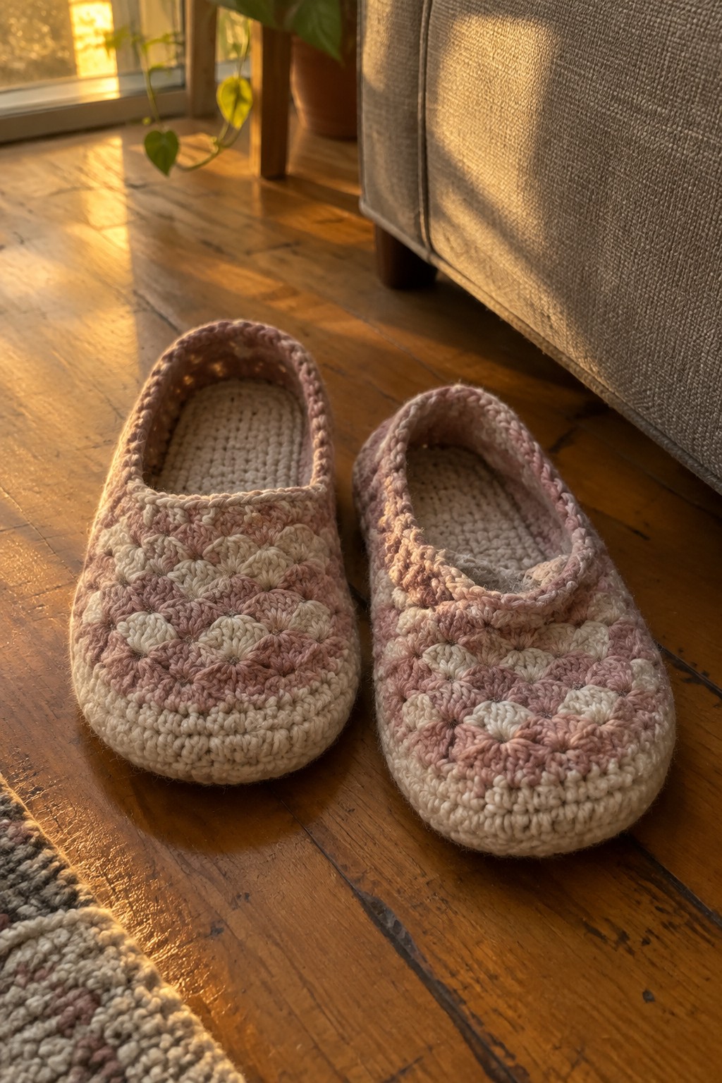 Pair of pink and beige crocheted slippers on sunlit wooden floor beside couch