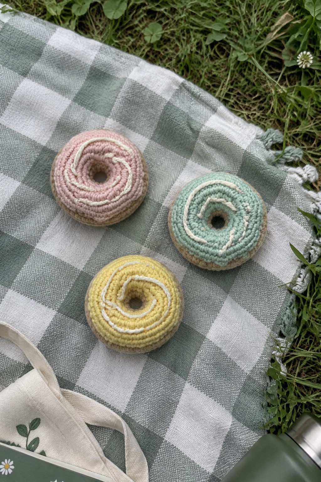 Three colorful crocheted donuts on a green gingham picnic blanket outdoors.