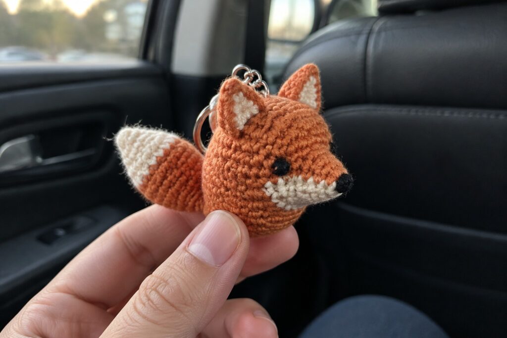 A hand holds a small crocheted orange fox keychain with white face and tail accents and a metal keyring attached.