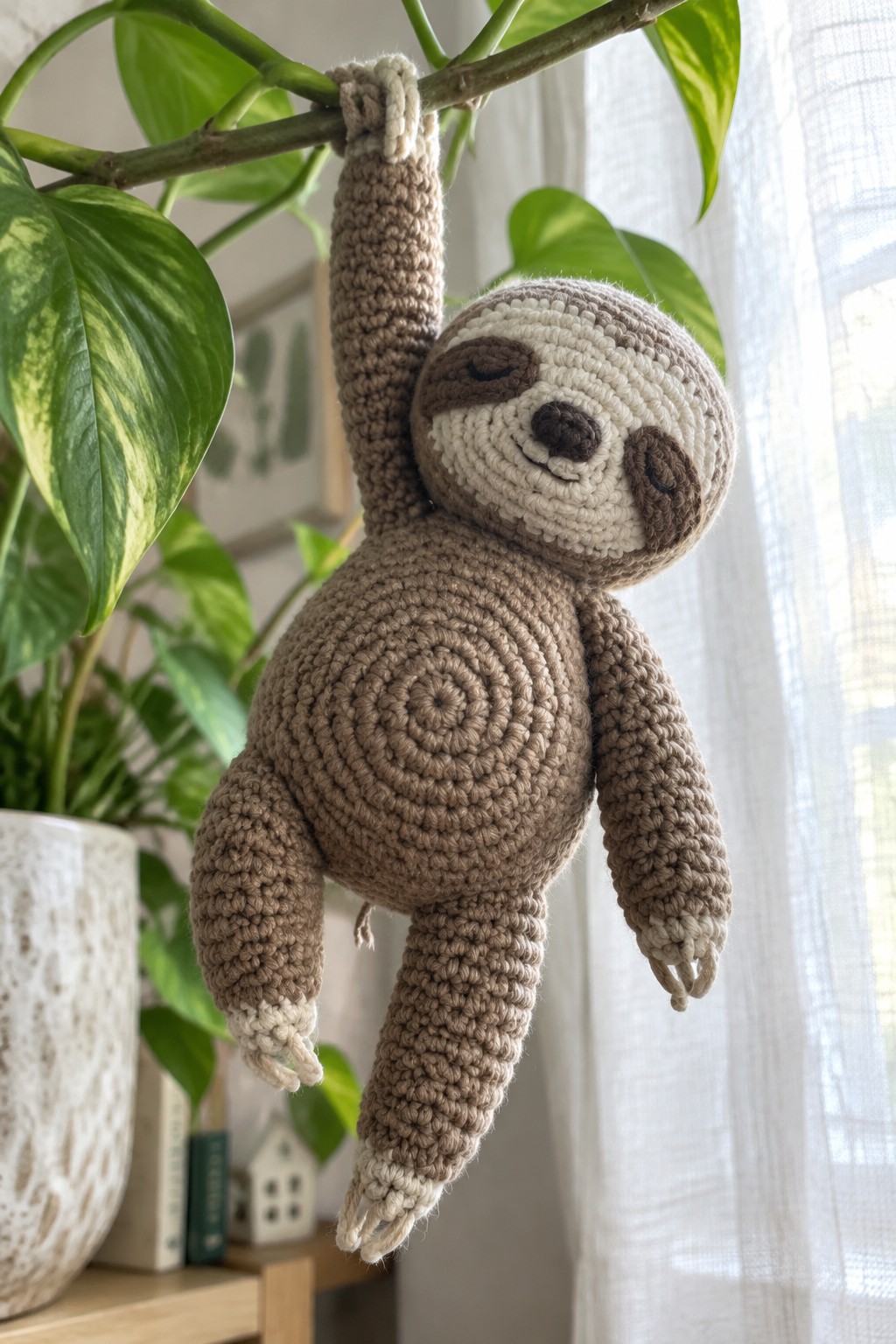 Crocheted brown sloth with spiral belly hanging from a houseplant branch