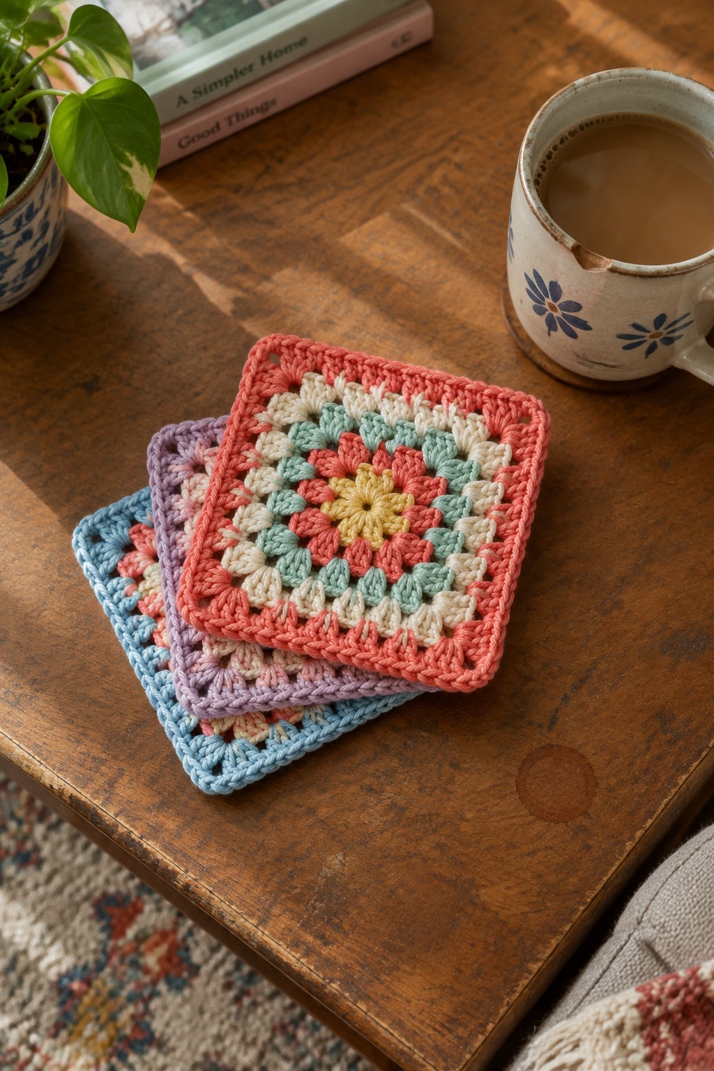 Stacked pastel crochet coasters on wooden table beside floral coffee mug