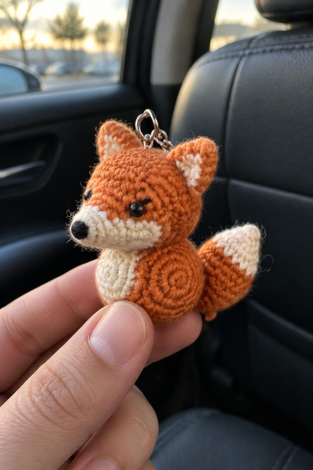 A hand holds a small crocheted orange fox keychain with white face and tail accents and a metal keyring attached.