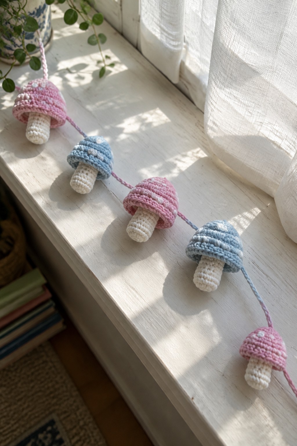 Crocheted pink and blue mushrooms strung together on a white windowsill.