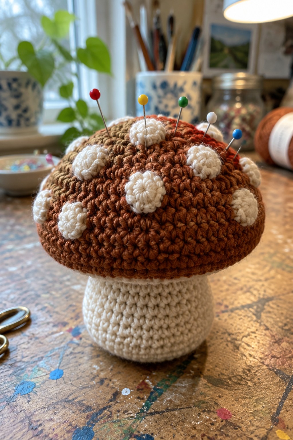 Crocheted brown mushroom pincushion with white spots and colorful pins on wooden table