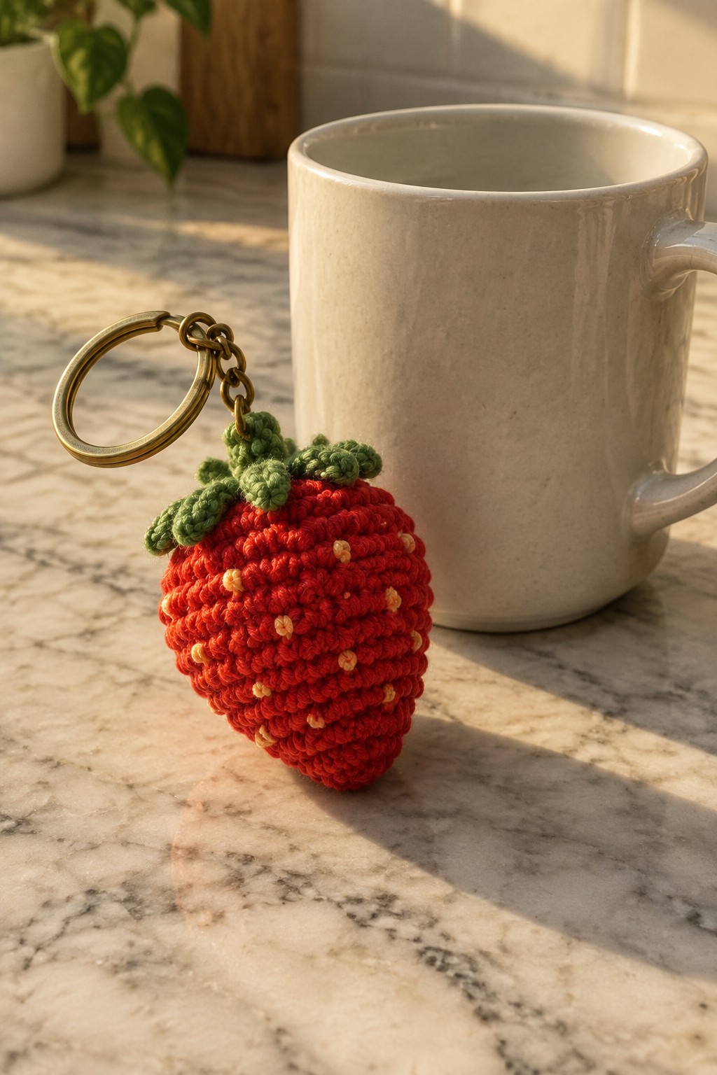 Crocheted red strawberry keychain with gold ring beside white mug on marble