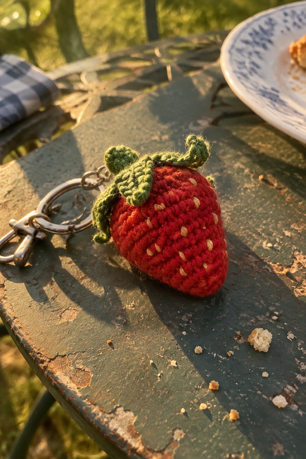 Crocheted red strawberry keychain with green leaves on weathered green table in sunlight.