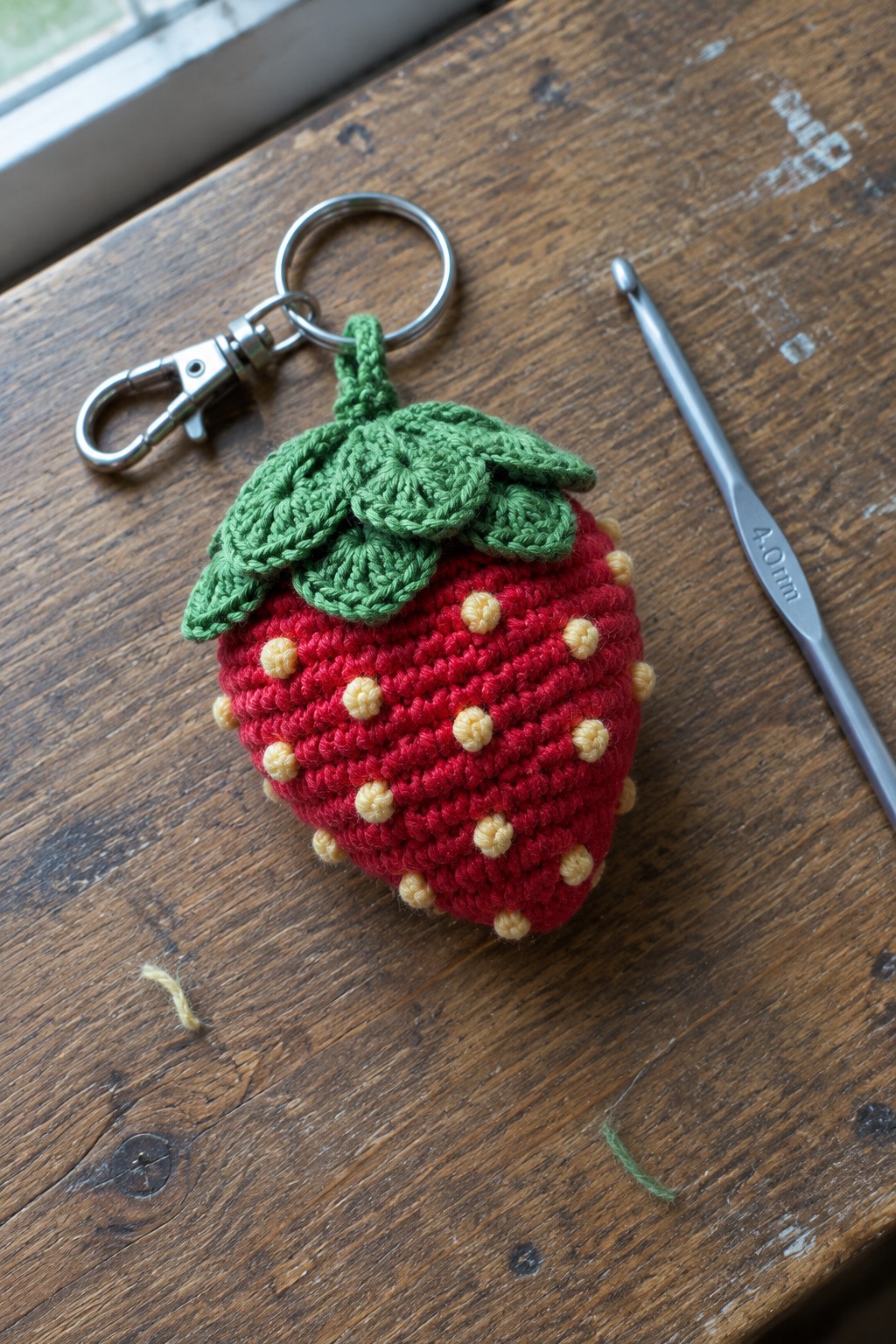 Red crocheted strawberry keychain with green leaves beside 4.0mm crochet hook on wood