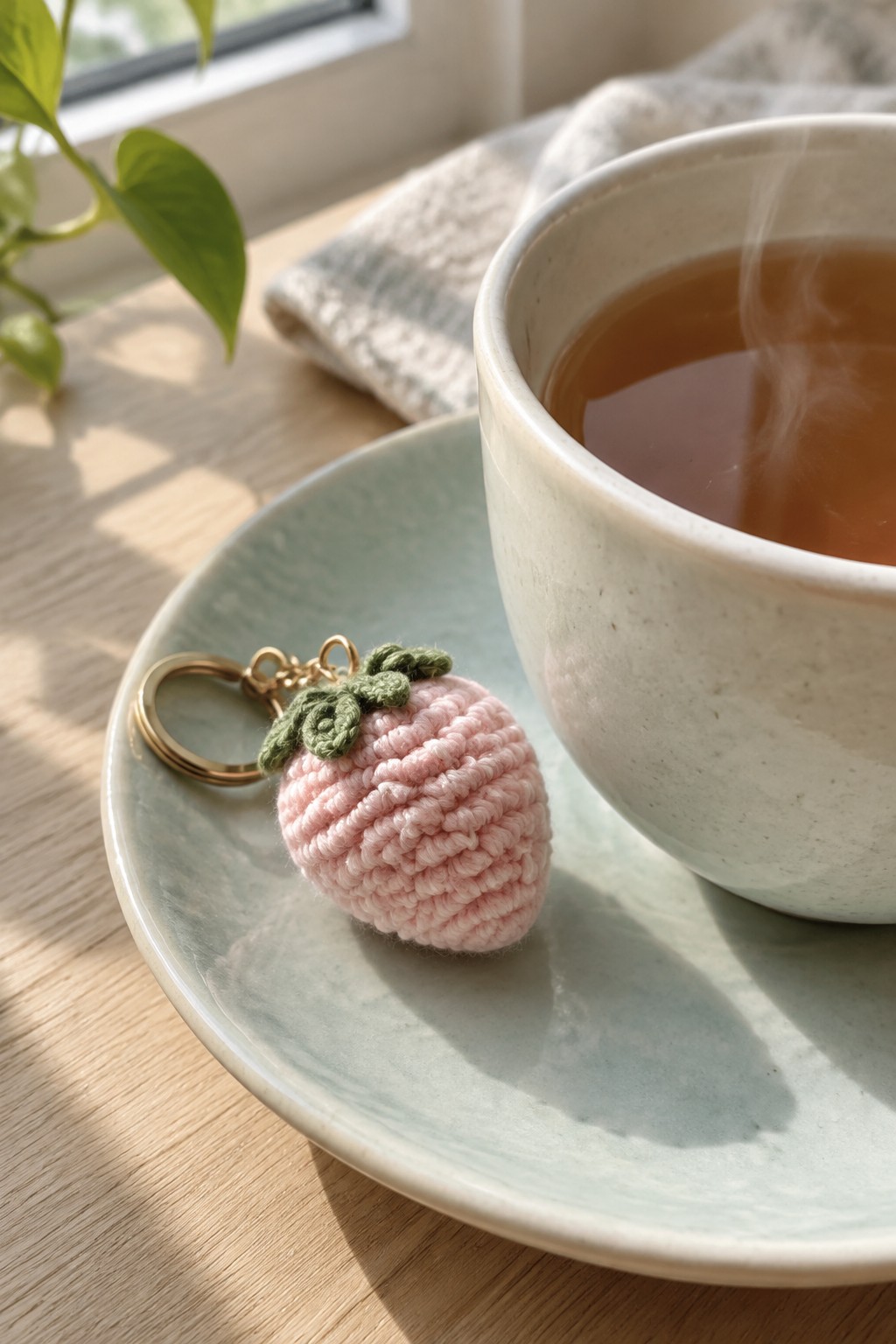 Pink crocheted strawberry keychain on plate beside steaming tea cup