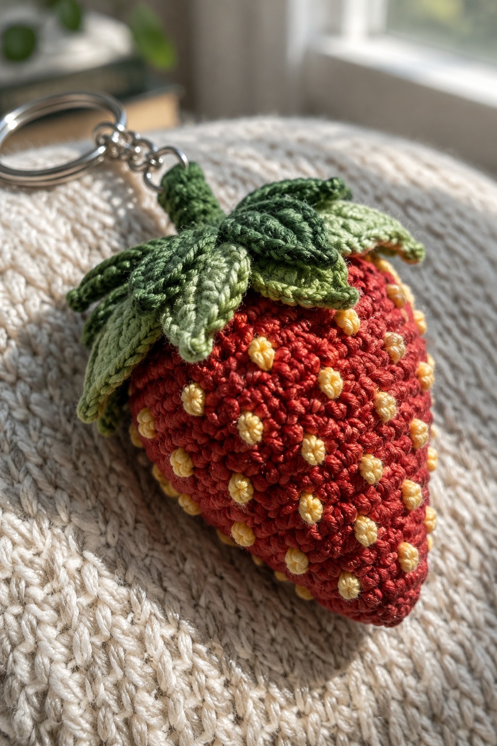 Crocheted red strawberry keychain with yellow seeds and green leaves on beige knit fabric