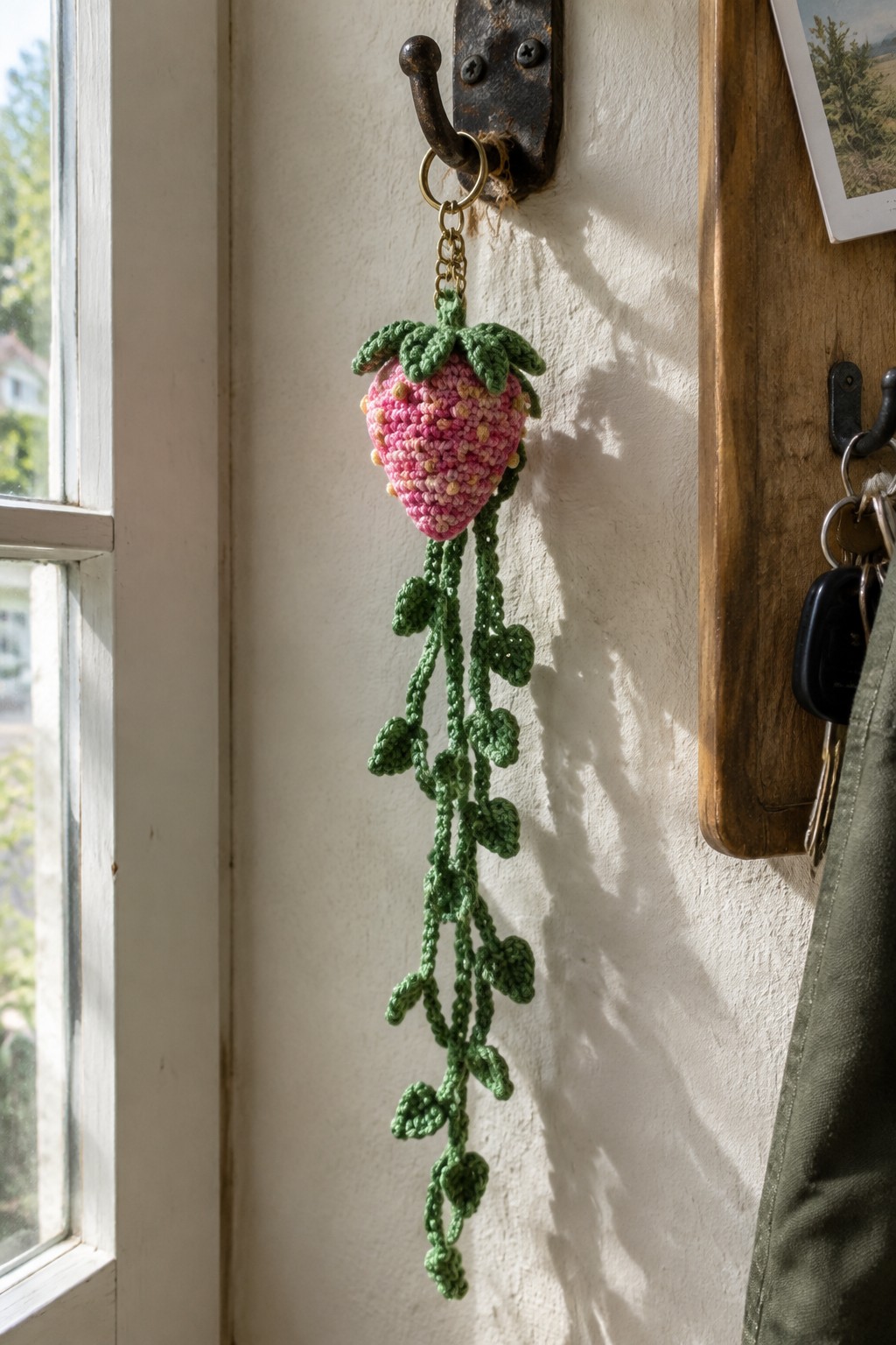 A crocheted pink strawberry with yellow seeds, green leafy top, and long green dangling leaf chains hangs from a metal hook on a wall.