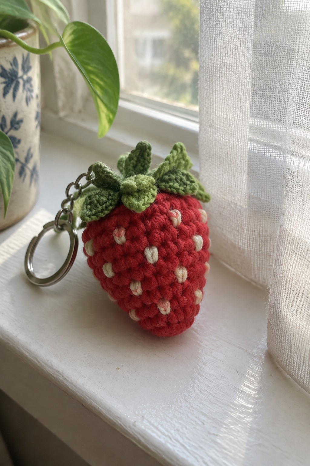 Crocheted red strawberry keychain with green leaves on white windowsill near plant