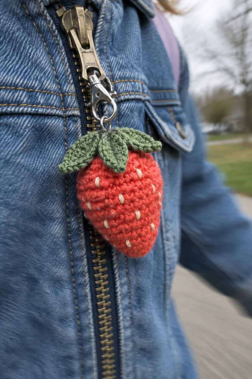 Crocheted red strawberry charm with green leaves on blue denim jacket zipper