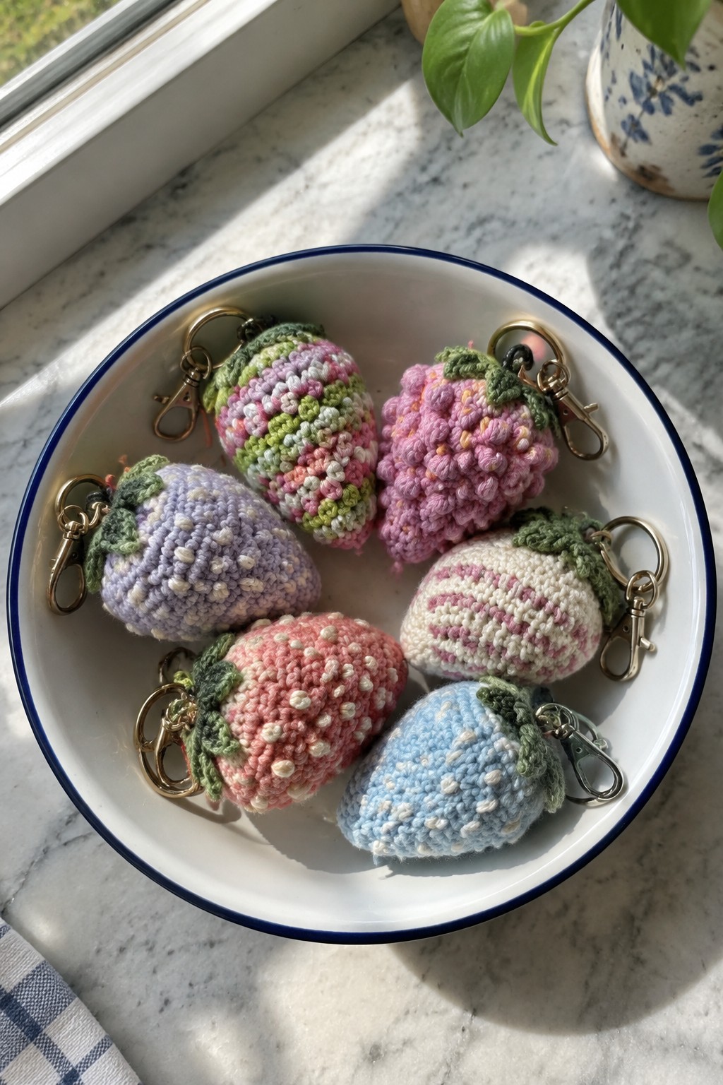 Pastel crocheted strawberry keychains with gold clasps in a blue-rimmed bowl