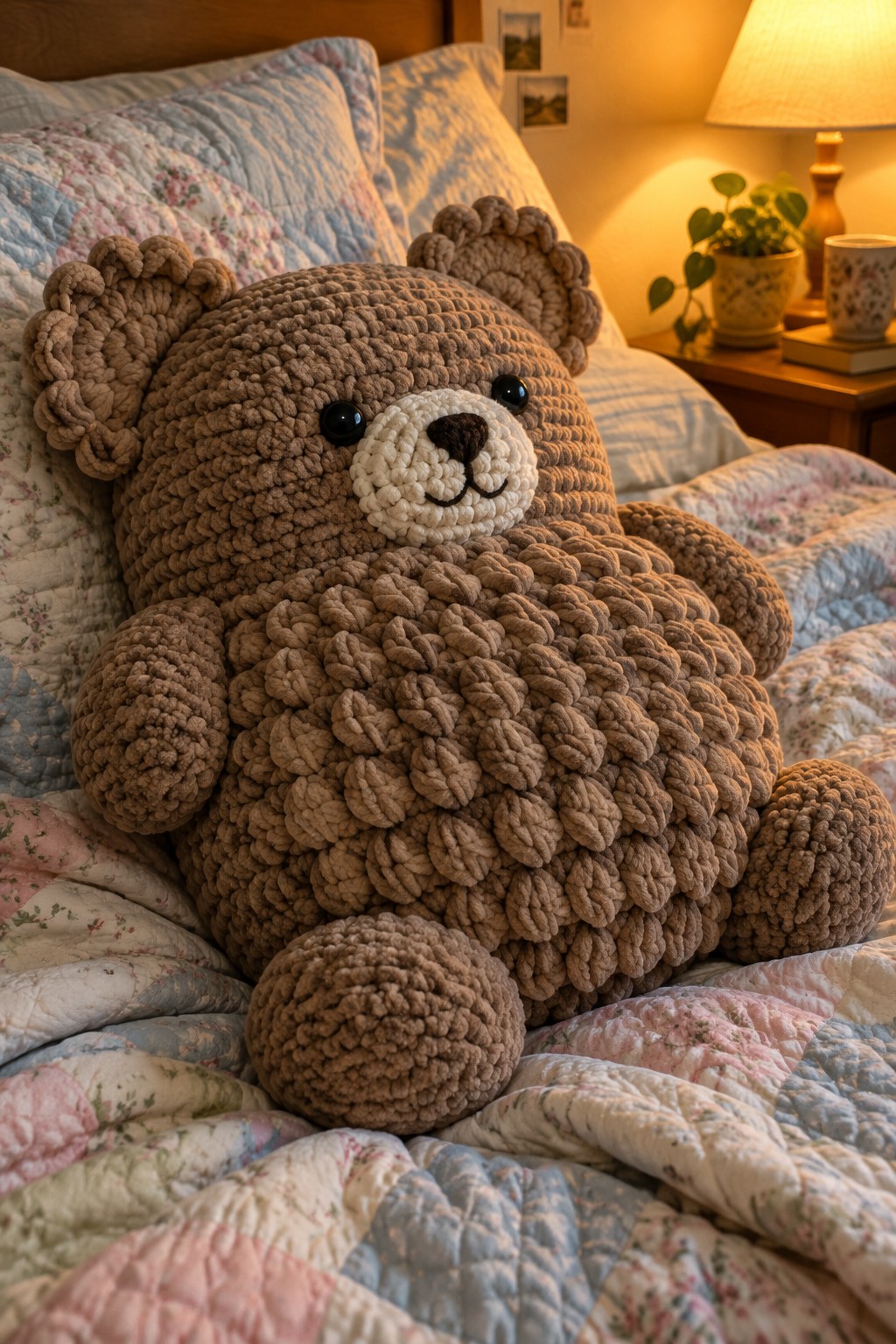Large brown crocheted teddy bear on floral patchwork quilted bed.
