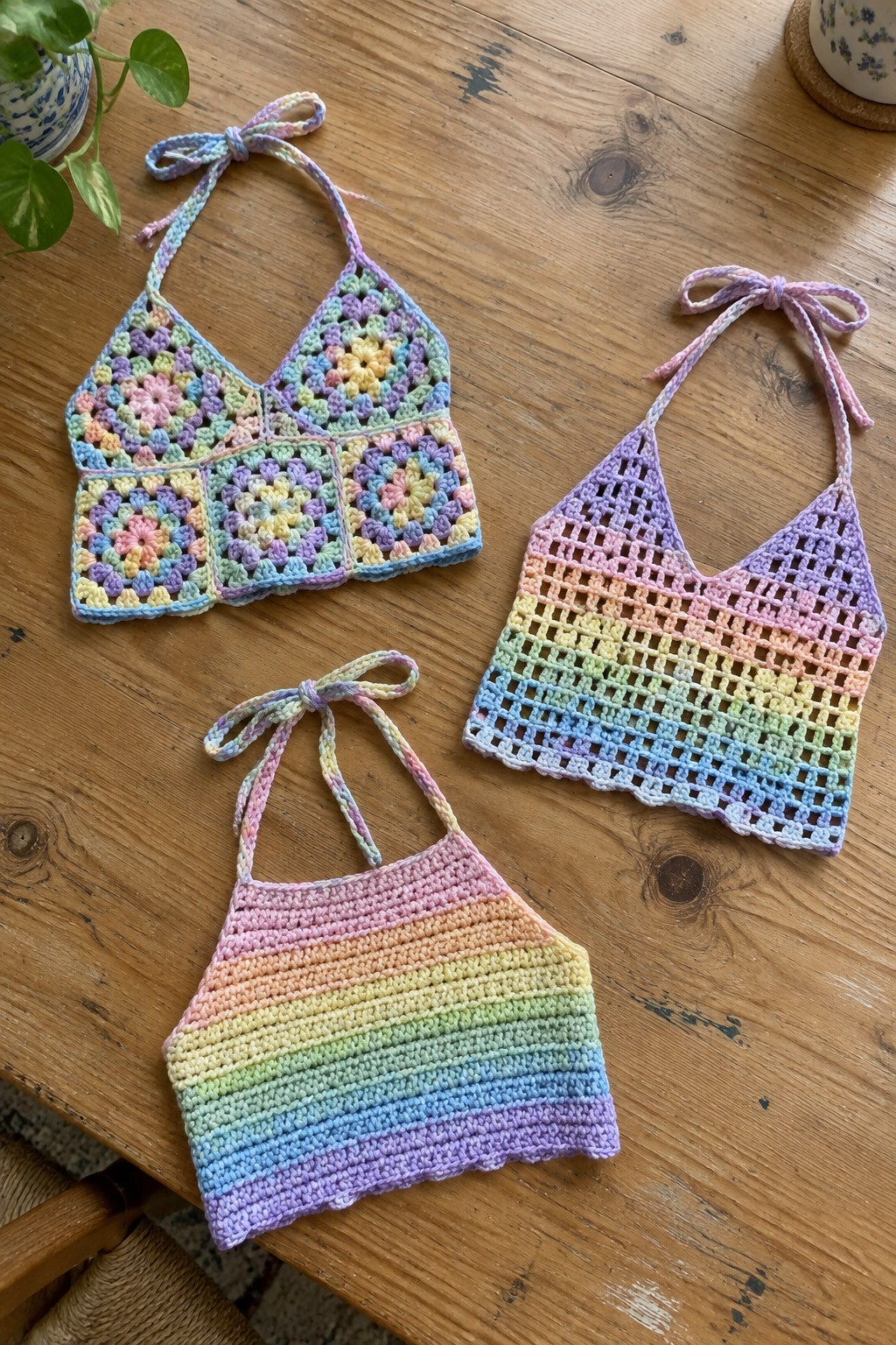 Three rainbow crochet halter tops in granny square, striped, and mesh styles on wood