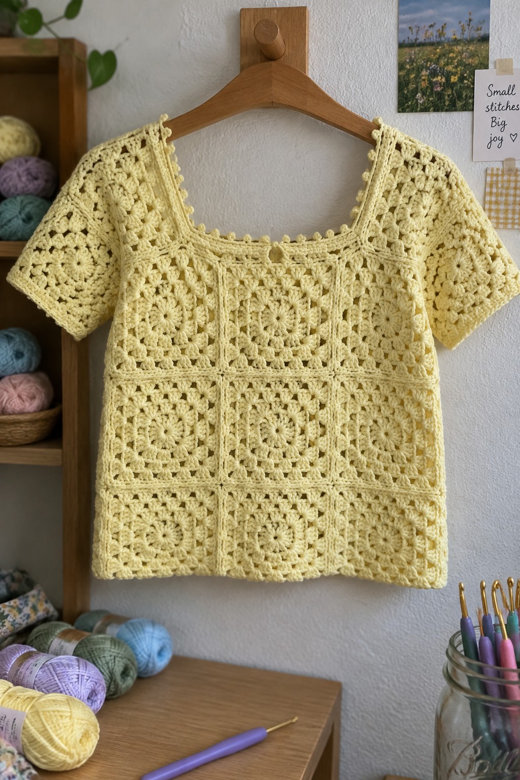 Yellow granny square crochet crop top on wooden hanger amid yarn and hooks