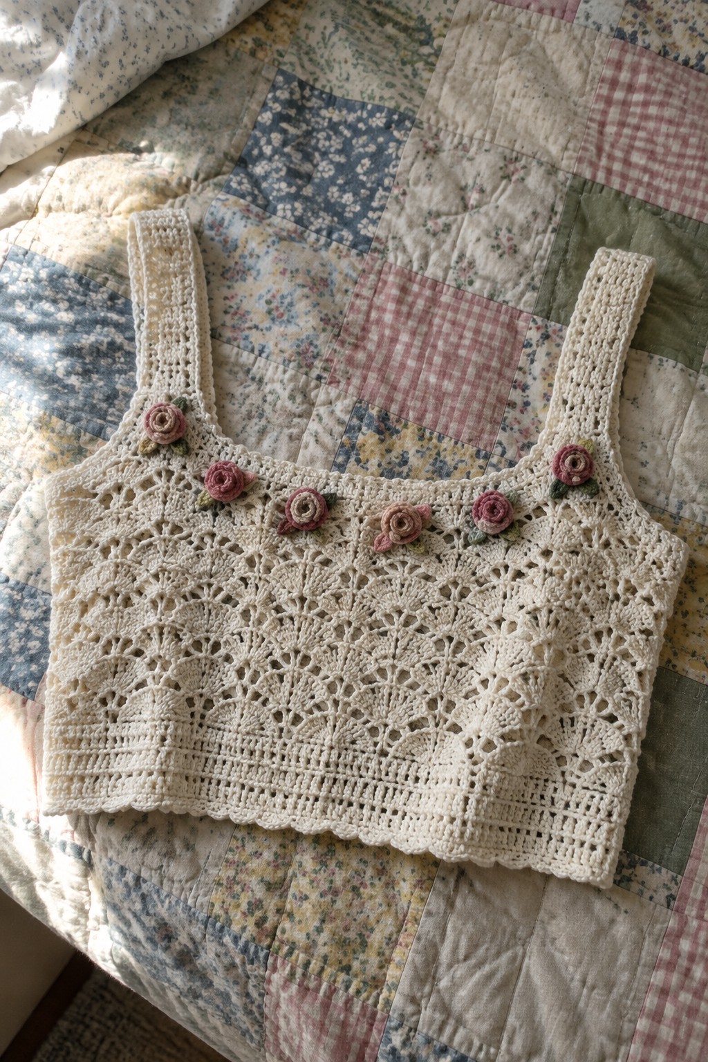 White crocheted crop top with pink roses on floral patchwork quilt.