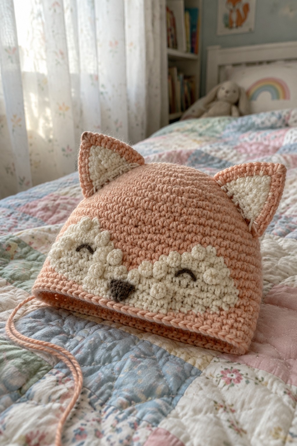 Peach crocheted fox hat with white muzzle and ears on patchwork quilt
