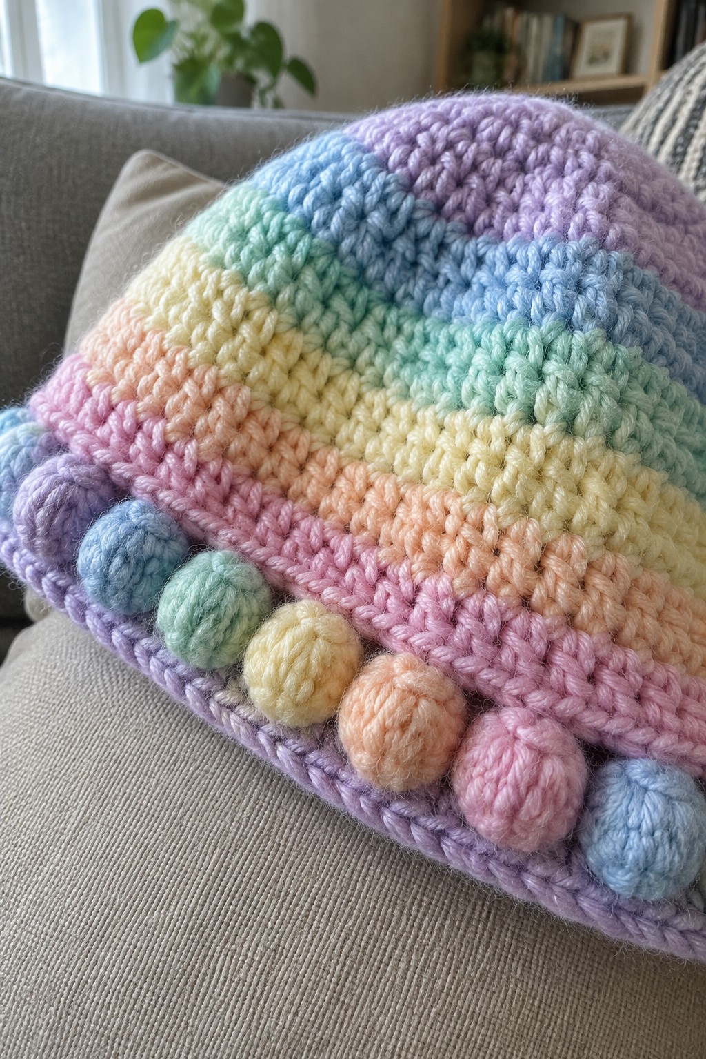 Pastel rainbow crocheted beanie with striped pattern and colorful pom-pom border on couch