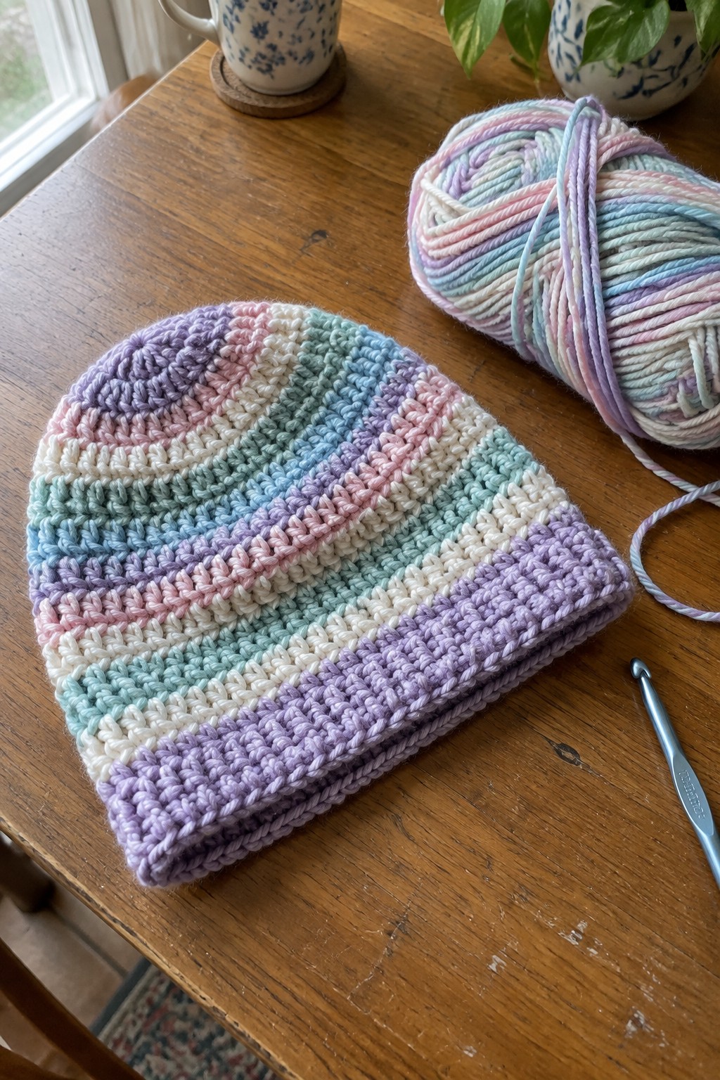 Crocheted beanie with pastel stripes beside matching yarn skein and hook on wooden table.