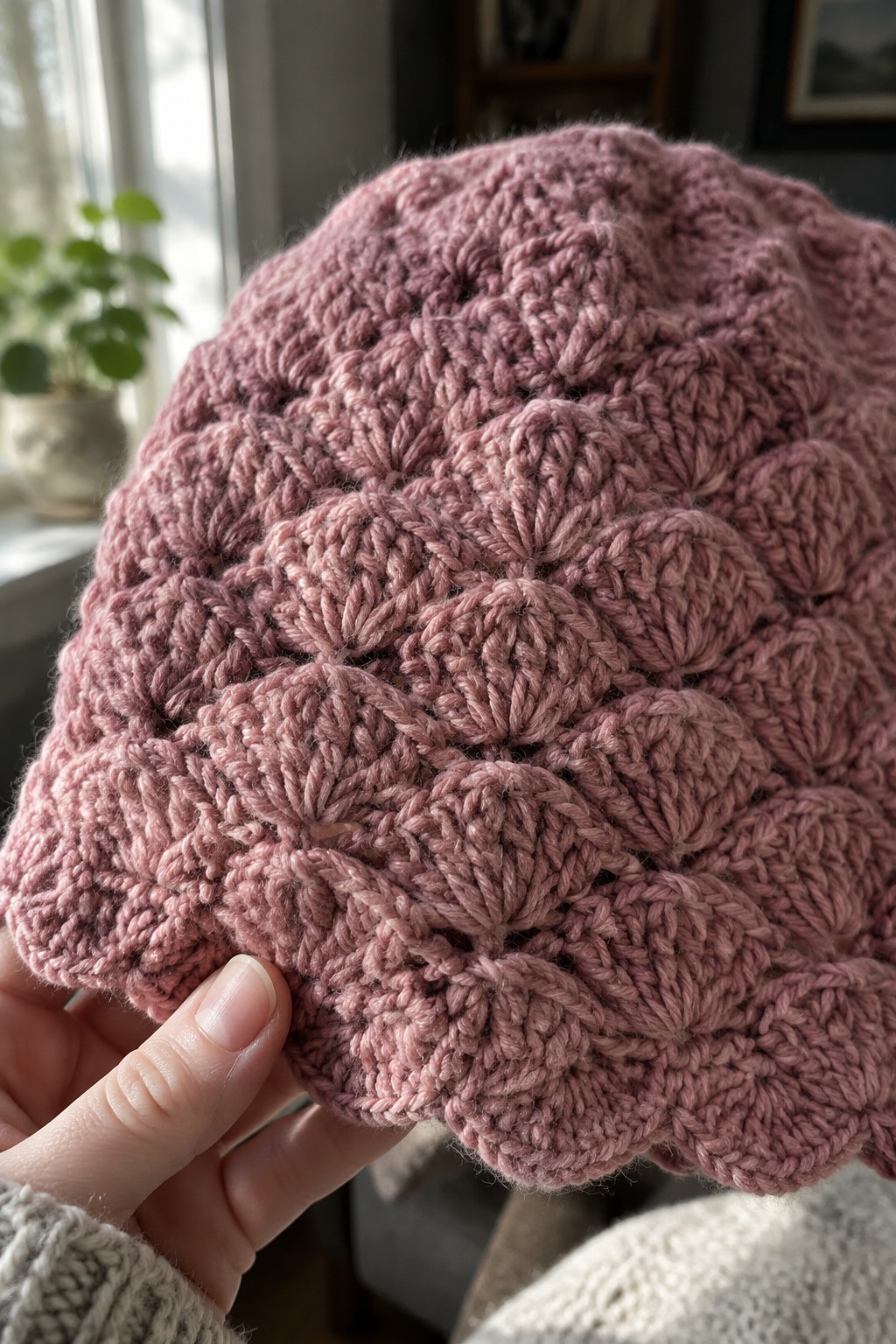 Hand holding a dusty pink crocheted hat with scalloped shell stitch pattern