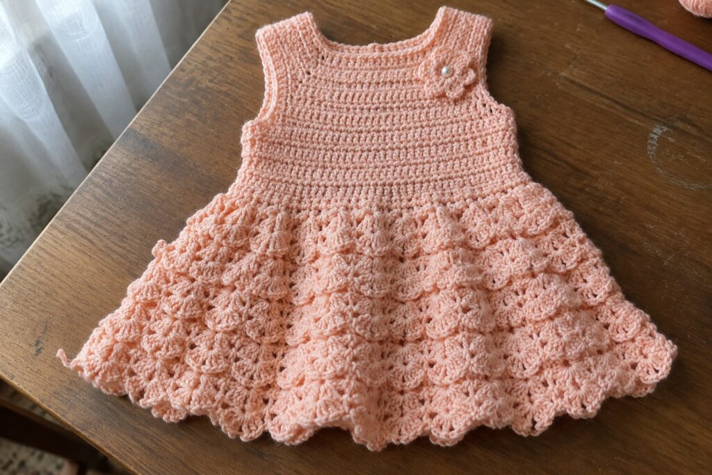 Peach crocheted toddler dress with flower detail on wooden table beside hook and yarn
