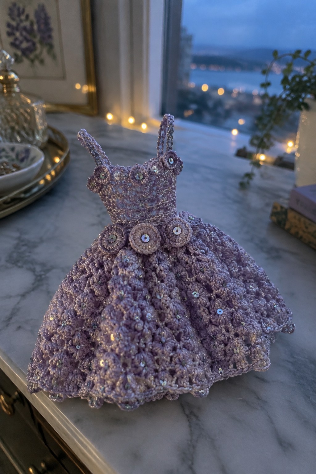Lavender crocheted miniature dress with sequins and flowers on marble counter