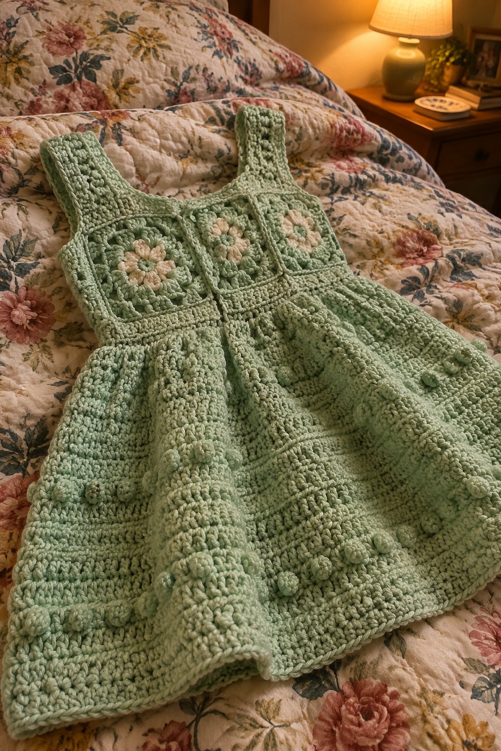 Mint green crocheted granny square dress with bobble skirt on floral quilt