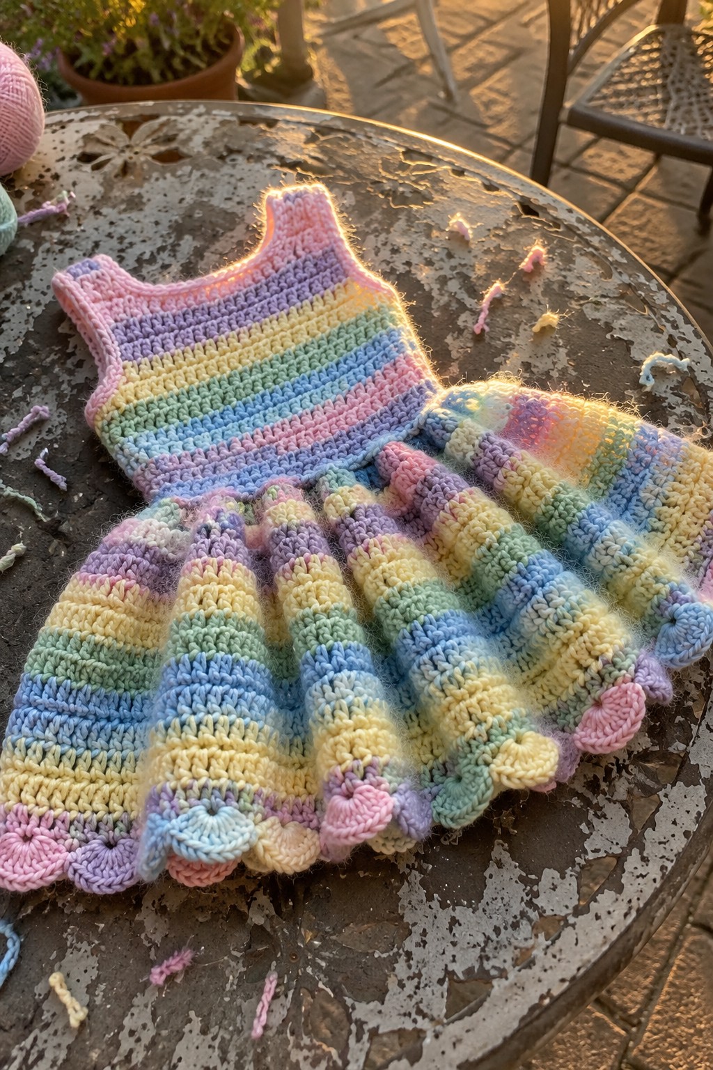 Rainbow striped crochet dress on rusty metal table with yarn scraps